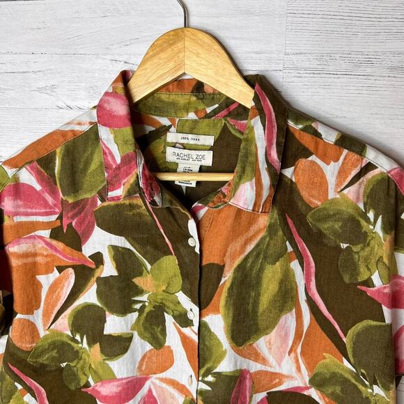 Rachel Zoe Top Womens Size Medium Colorful Floral Foliage 100% Linen Button Down - Picture 9 of 16